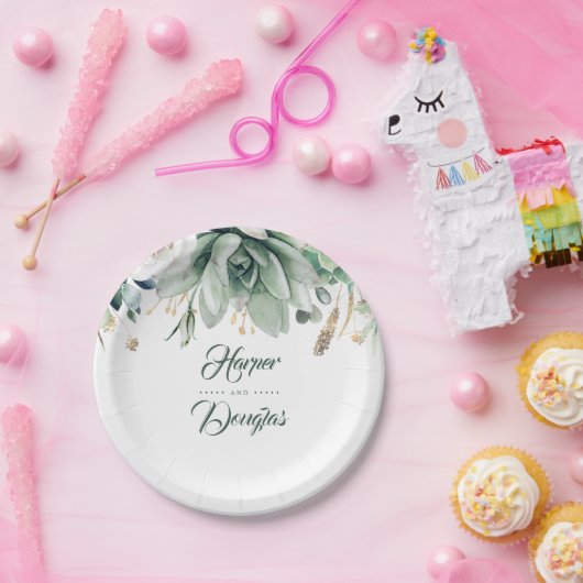 Groen en Goud Elegant Tuin Bruiloft Papieren Bordje (Feest)