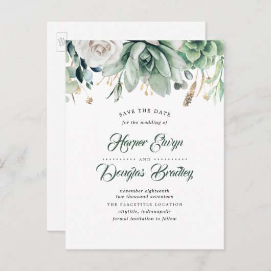 Groen en Goud Elegante Botanische Save the Date Aankondigingskaart (Voorkant / Achterkant)