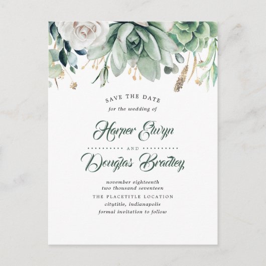 Groen en Goud Elegante Botanische Save the Date Aankondigingskaart (Voorkant)