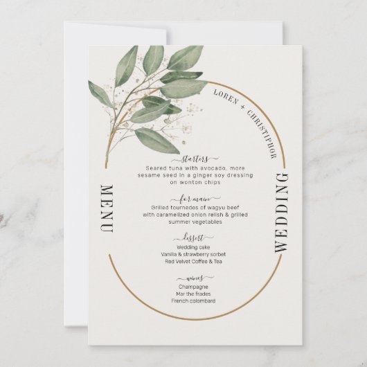 Groen en goud elegante bruiloft menu kaart (Voorkant)
