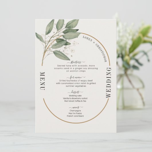 Groen en goud elegante bruiloft menu kaart (Staand voorkant)