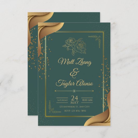 Groen en Goud Elegante Huwelijksuitnodiging Informatiekaartje (Voorkant / Achterkant)