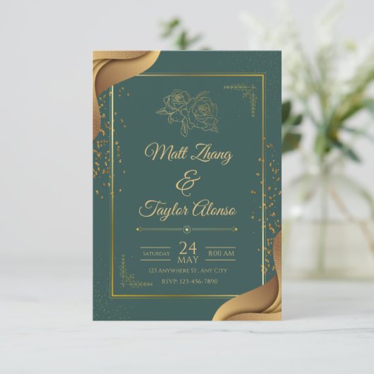 Groen en Goud Elegante Huwelijksuitnodiging Informatiekaartje (Staand voorkant)