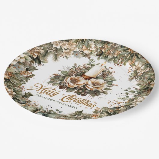 groen en goud en witte kerstkaars papieren bordje (Gekanteld)