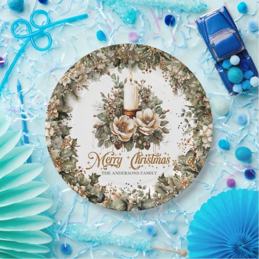 groen en goud en witte kerstkaars papieren bordje (Feest)