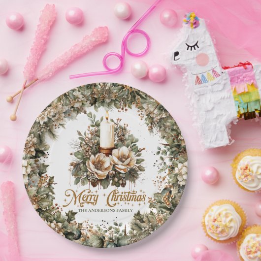 groen en goud en witte kerstkaars papieren bordje (Feest)