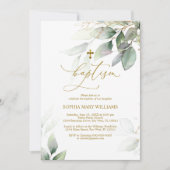 Groen en goud Eucalyptus Baptisme Uitnodiging (Voorkant)