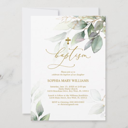 Groen en goud Eucalyptus Baptisme Uitnodiging (Voorkant)