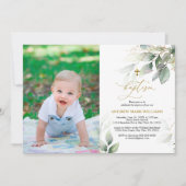 Groen en goud Eucalyptus Photo Baptisme Invitation Kaart (Voorkant)