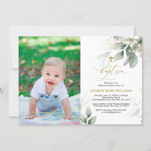 Groen en goud Eucalyptus Photo Baptisme Invitation Kaart