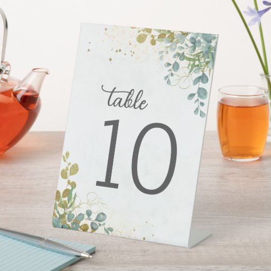 Groen en goud eucalyptus trouwtafel nummer reclamebord met voetstuk (Insitu)