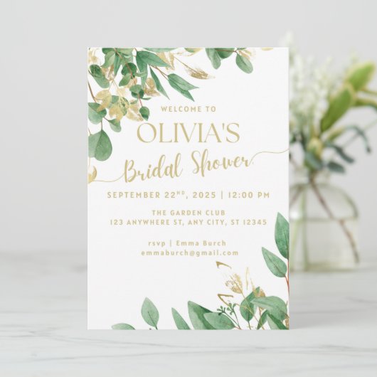 Groen en Goud Eucalyptus Vrijgezellenfeest Uitnodi Kaart (Staand voorkant)