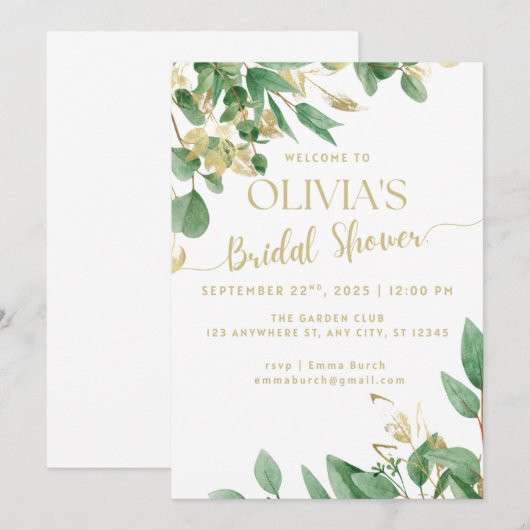 Groen en Goud Eucalyptus Vrijgezellenfeest Uitnodi Kaart (Voorkant / Achterkant)