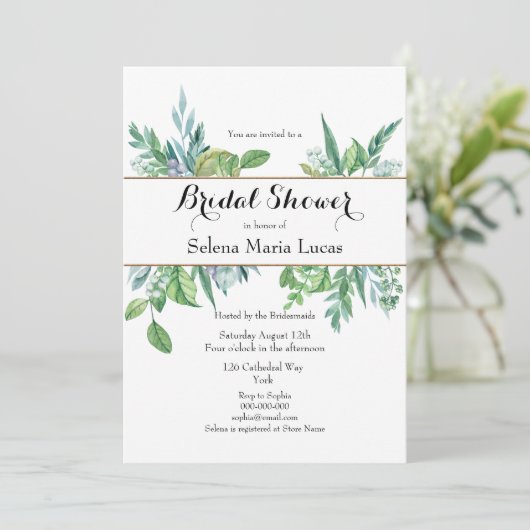 Groen en Goud Foliage Bridal Douche Uitnodiging (Staand voorkant)