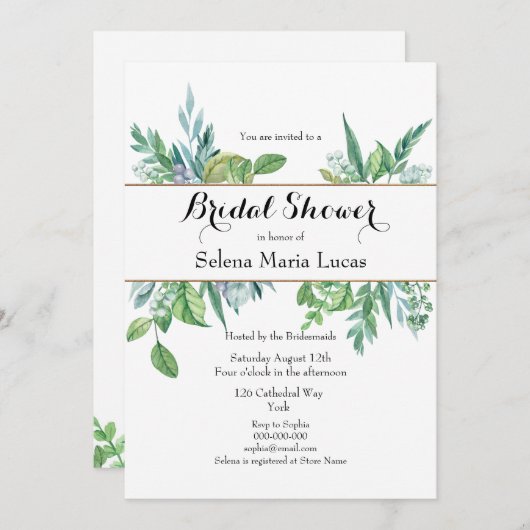 Groen en Goud Foliage Bridal Douche Uitnodiging (Voorkant / Achterkant)