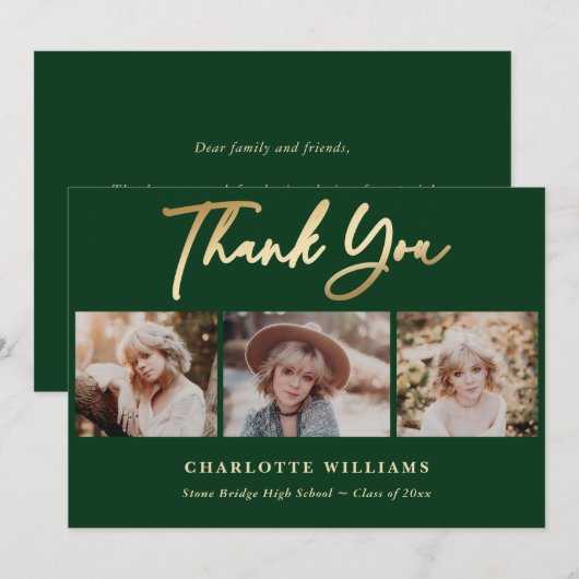 Groen en Goud Fotocollage Afstuderen Bedankkaart (Voorkant / Achterkant)