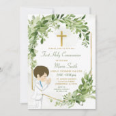 Groen en Goud Gebed Jongen Eerste Heilige Communie Kaart (Voorkant)