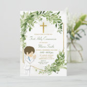 Groen en Goud Gebed Jongen Eerste Heilige Communie Kaart (Staand voorkant)