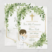 Groen en Goud Gebed Jongen Eerste Heilige Communie Kaart (Voorkant / Achterkant)