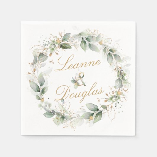 Groen en goud gebladerte krans bruiloft servet (Voorkant)