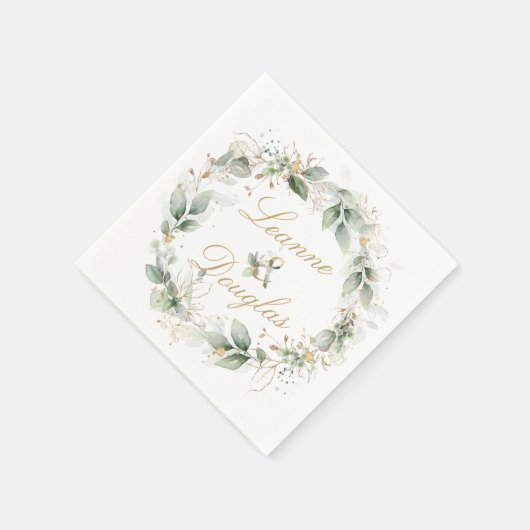 Groen en goud gebladerte krans bruiloft servet (Hoek)