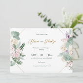 Groen en Goud Geometrische Bloemenbruiloft Kaart (Staand voorkant)