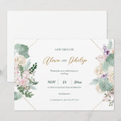 Groen en Goud Geometrische Bloemenbruiloft Kaart (Voorkant / Achterkant)