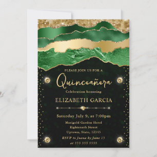 Groen en Goud Glam Tranen Bokeh Quinceanera Kaart