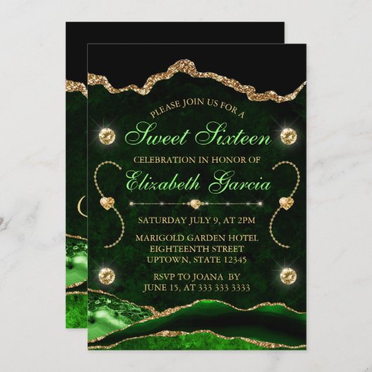 Groen en goud glitter Agate en marble Sweet 16 Kaart (Voorkant / Achterkant)