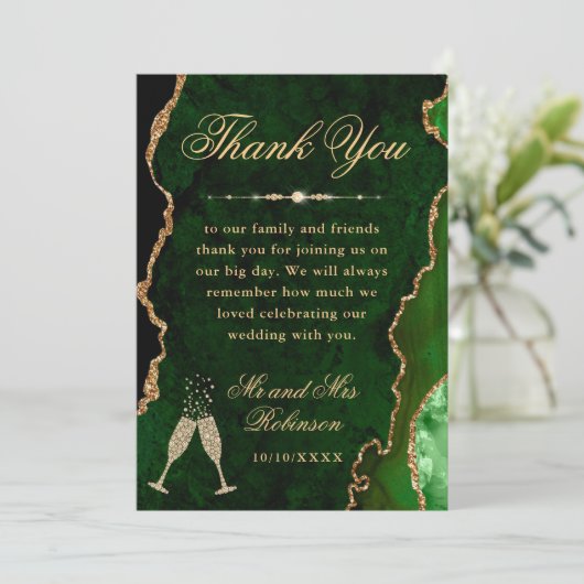 Groen en goud Glitter Agate & Marble Wedding Bedankkaart (Staand voorkant)