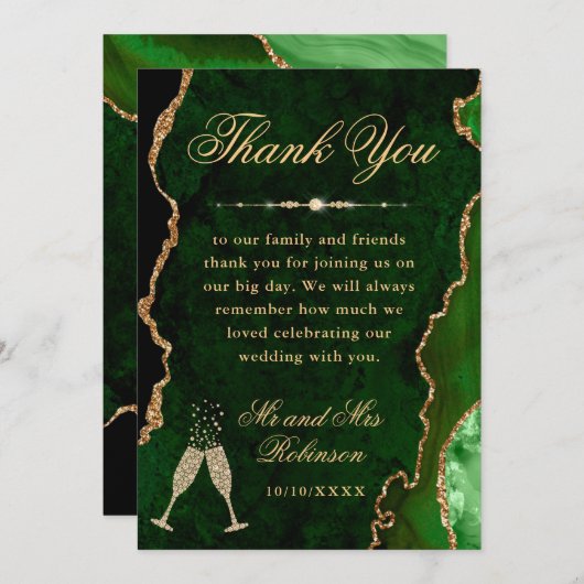 Groen en goud Glitter Agate & Marble Wedding Bedankkaart (Voorkant / Achterkant)