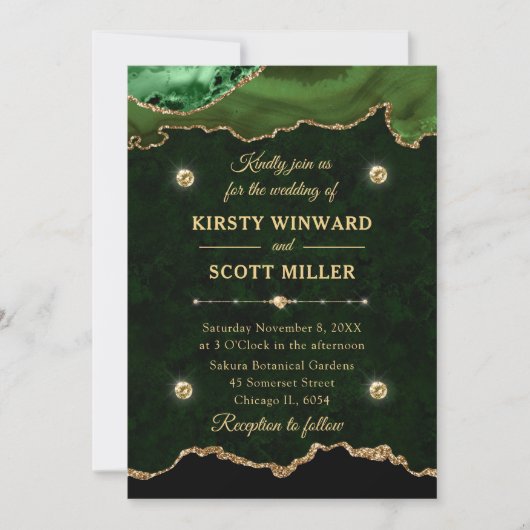 Groen en Goud Glitter Agate Marmer Bruiloft Kaart (Voorkant)