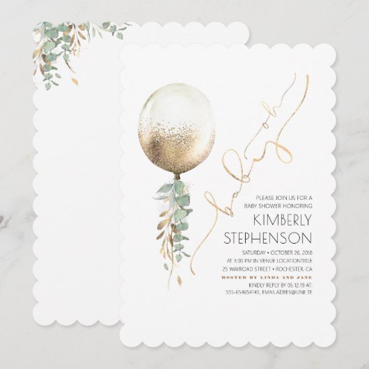 Groen en Goud Glitter Ballon Oh Baby shower Kaart (Voorkant / Achterkant)