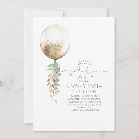 Groen en Goud Glitter Balloon Afstuderen Kaart (Voorkant)