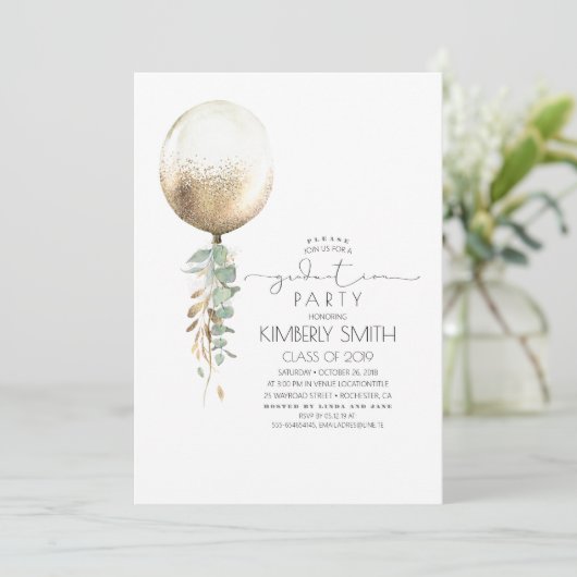 Groen en Goud Glitter Balloon Afstuderen Kaart (Staand voorkant)