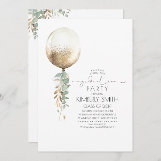 Groen en Goud Glitter Balloon Afstuderen Kaart (Voorkant / Achterkant)