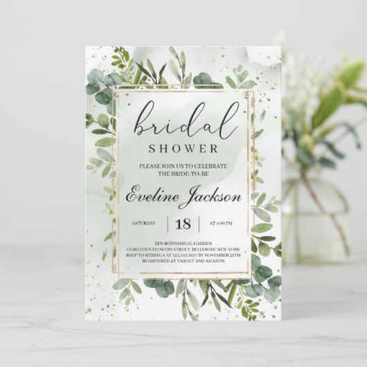 Groen en Goud Glitter Bruids Douche Uitnodiging (Staand voorkant)