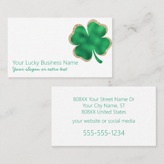 Groen en Goud Glitter Lucky Four Leaf Clover Visitekaartje (Voorkant / Achterkant)
