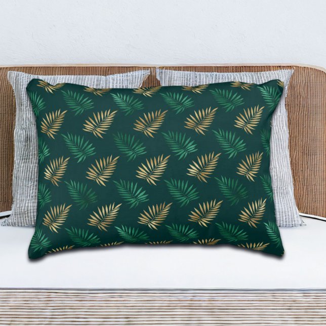 Groen en Goud Glitter op Tropische Bladeren Rond Accent Kussen (Creator heeft geüpload)