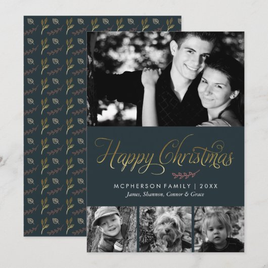 Groen en Goud Happy Christmas Foto Feestdagenkaart (Voorkant / Achterkant)