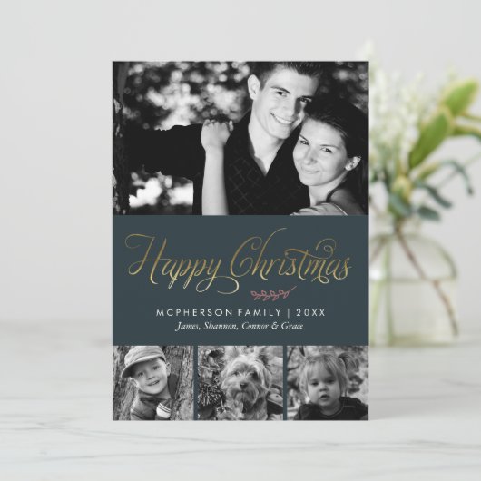 Groen en Goud Happy Christmas Foto Feestdagenkaart (Staand voorkant)