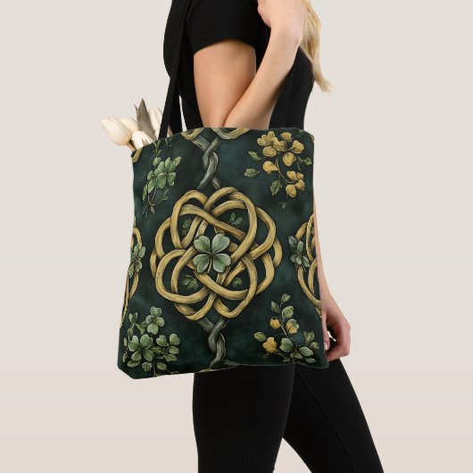 GROEN EN GOUD IERSE KELTISCHE KNOOPPATRONEN TOTE BAG (Dichtbij)