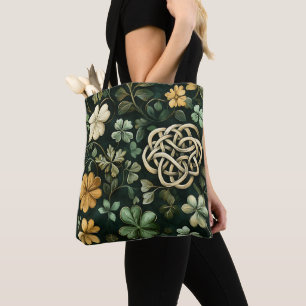 GROEN EN GOUD IERSE KELTISCHE KNOOPPATRONEN TOTE BAG
