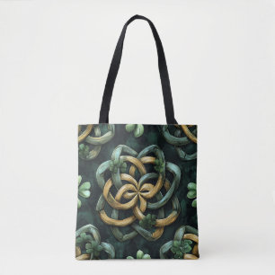 GROEN EN GOUD IERSE KELTISCHE KNOOPPATRONEN TOTE BAG
