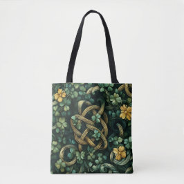 GROEN EN GOUD IERSE KELTISCHE KNOOPPATRONEN TOTE BAG
