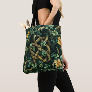 GROEN EN GOUD IERSE KELTISCHE KNOOPPATRONEN TOTE BAG