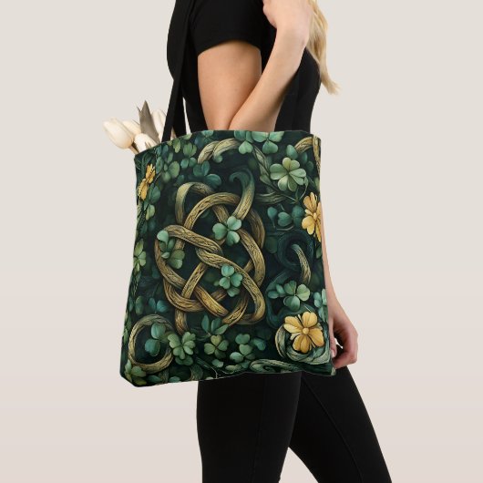 GROEN EN GOUD IERSE KELTISCHE KNOOPPATRONEN TOTE BAG (Dichtbij)