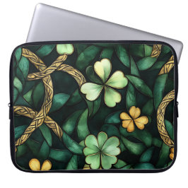 GROEN EN GOUD IERSE KELTISCHE KNOPEN EN SHAMROCKS LAPTOP SLEEVE