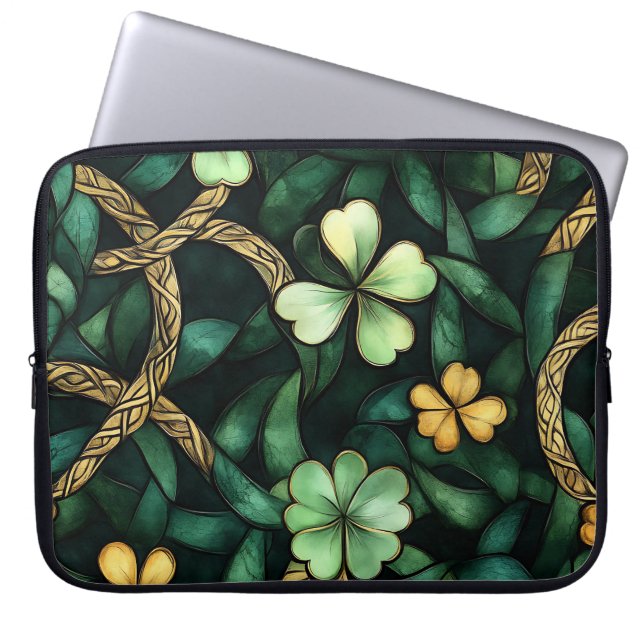GROEN EN GOUD IERSE KELTISCHE KNOPEN EN SHAMROCKS LAPTOP SLEEVE (Voorkant)