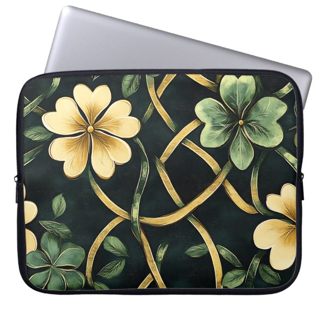 GROEN EN GOUD IERSE KELTISCHE KNOPEN EN SHAMROCKS LAPTOP SLEEVE (Voorkant)